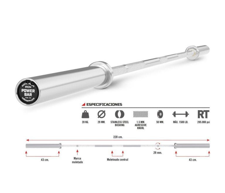 Barra Iron Power Bar Powerlifting 220 cm.